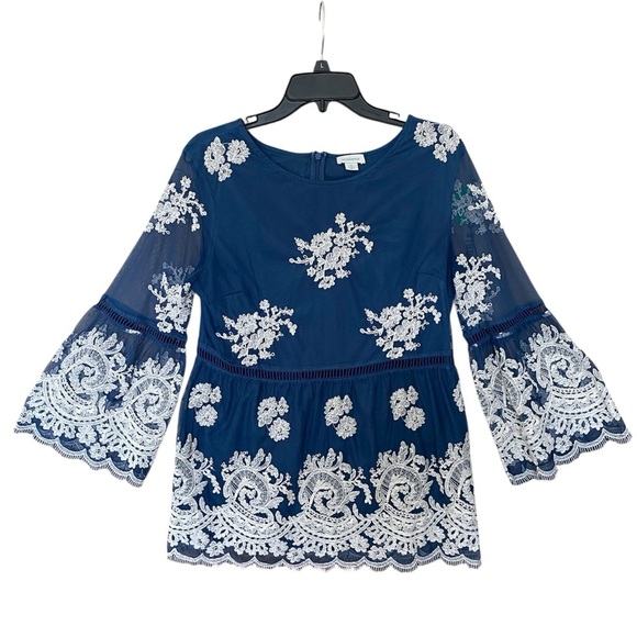 Sundance Fleur In Bloom Lace Blue Floral Embroidered Bell Sleeve Blouse Medium - Picture 3 of 9